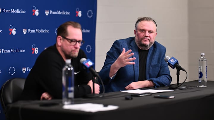 Nick Nurse and Daryl Morey address the media after the 76ers' season-ending loss. Nick Nurse and Daryl Morey address the media after the 76ers' season-ending loss.