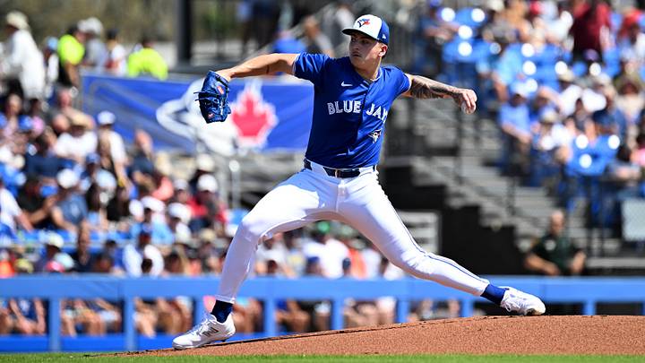 Mar 15, 2024; Dunedin, Florida, USA; Toronto Blue Jays pitcher Ricky Tiedemann (70) throws a pitch in the first inning of the spring training game against the Detroit Tigers at TD Ballpark. Mandatory Credit: Jonathan Dyer-Imagn Images