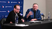 Apr 13, 2025; Philadelphia, Pennsylvania, USA; Philadelphia 76ers president of basketball operations Daryl Morey addresses the media with head coach Nick Nurse after the game against the Chicago Bulls at Wells Fargo Center. Mandatory Credit: Kyle Ross-Imagn Images