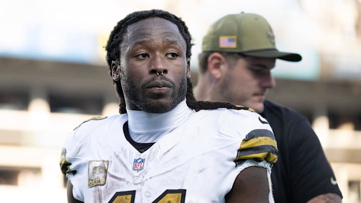 Nov 9, 2025; Charlotte, North Carolina, USA; New Orleans Saints running back Alvin Kamara (41) walks off the field after the game at Bank of America Stadium. Mandatory Credit: Bob Donnan-Imagn Images