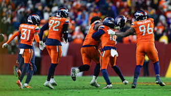 Nov 30, 2025; Landover, Maryland, USA; The Denver Broncos celebrate after the game against the Washington Commanders at Northwest Stadium. 