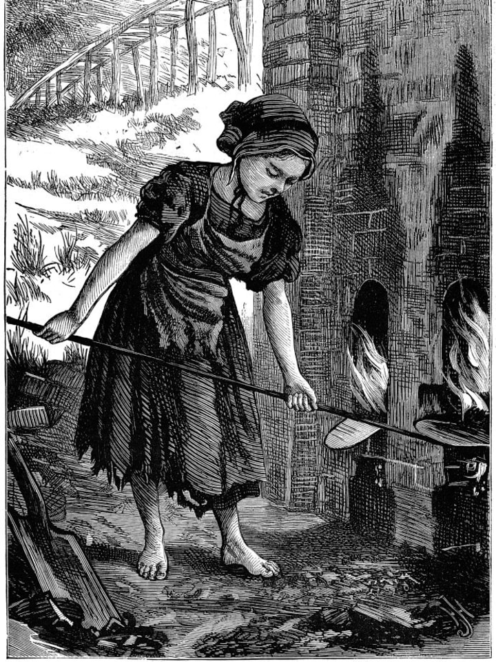 Young girl tending the fire holes of a brick kiln, 1871.