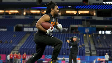 Mar 1, 2025; Indianapolis, IN, USA; Michigan running back Donovan Edwards (RB05) during the 2025 NFL Combine at Lucas Oil Stadium. Mandatory Credit: Kirby Lee-Imagn Images