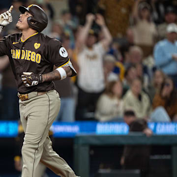 San Diego Padres third baseman Manny Machado celebrates after hitting franchise-leading 164th home run with the team during a game against the Seattle Mariners on Tuesday at T-Mobile Park.