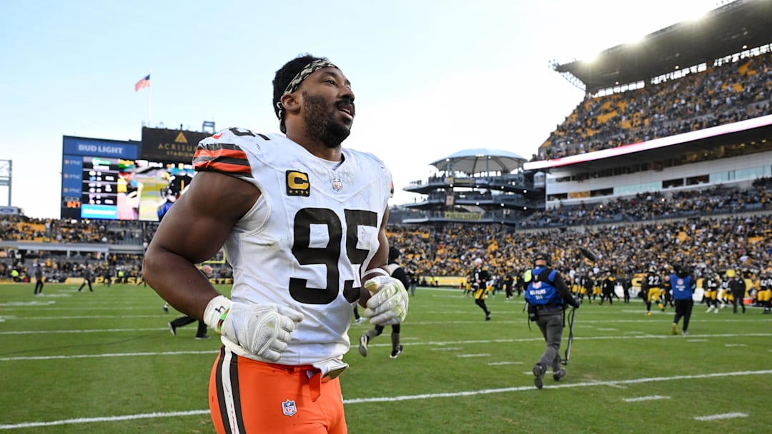 Dec 8, 2024; Pittsburgh, Pennsylvania, USA; Cleveland Browns defensive end Myles Garrett (95) leaves the field following  a game against the Pittsburgh Steelers at Acrisure Stadium. Mandatory Credit: Barry Reeger-Imagn Images