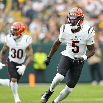 Oct 12, 2025; Green Bay, Wisconsin, USA;  Cincinnati Bengals wide receiver Tee Higgins (5) during the game against the Green Bay Packers at Lambeau Field. Mandatory Credit: Jeff Hanisch-Imagn Images