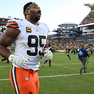 Dec 8, 2024; Pittsburgh, Pennsylvania, USA; Cleveland Browns defensive end Myles Garrett (95) leaves the field following  a game against the Pittsburgh Steelers at Acrisure Stadium. Mandatory Credit: Barry Reeger-Imagn Images