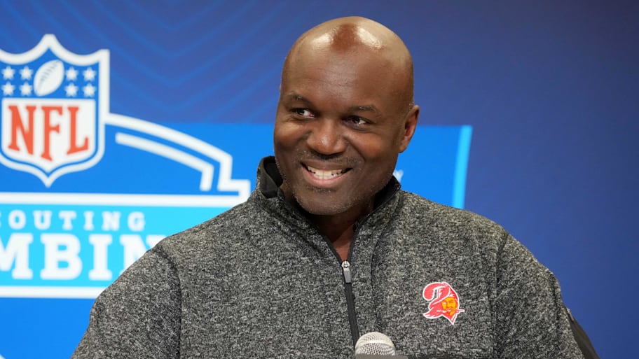 Feb 25, 2025; Indianapolis, IN, USA; Tampa Bay Buccaneers coach Todd Bowles speaks speaks during the NFL Scouting Combine at the Indiana Convention Center. Mandatory Credit: Kirby Lee-Imagn Images | Kirby Lee-Imagn Images