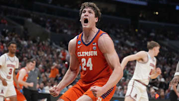 Mar 30, 2024; Los Angeles, CA, USA;  Clemson Tigers center PJ Hall (24) reacts n the second half in the finals of the West Regional of the 2024 NCAA Tournament at Crypto.com Arena. Mandatory Credit: Kirby Lee-Imagn Images