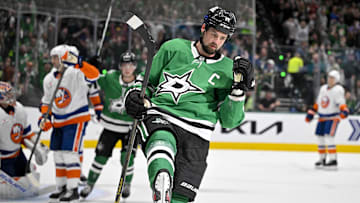 Oct 12, 2024; Dallas, Texas, USA; Dallas Stars left wing Jamie Benn (14) celebrates after he scores a goal against the New York Islanders during the second period at the American Airlines Center. Mandatory Credit: Jerome Miron-Imagn Images