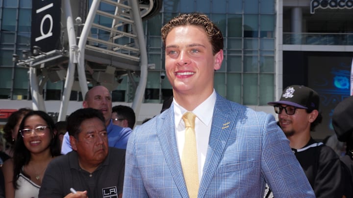 Jun 27, 2025; Los Angeles, California, USA; James Hagens arrives to the first round of the 2025 NHL Draft at Peacock Theater. Mandatory Credit: Kirby Lee-Imagn Images