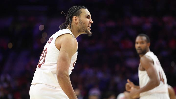 Jan 16, 2026; Philadelphia, Pennsylvania, USA; Cleveland Cavaliers guard Jaylon Tyson (20) reacts after a score against the Philadelphia 76ers during the fourth quarter at Xfinity Mobile Arena. Mandatory Credit: Bill Streicher-Imagn Images
