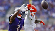 Sep 14, 2025; Baltimore, Maryland, USA; Baltimore Ravens cornerback Chidobe Awuzie (3) breaks up a pass intended for Cleveland Browns wide receiver Jerry Jeudy (3) during the second half at M&T Bank Stadium. Mandatory Credit: Peter Casey-Imagn Images
