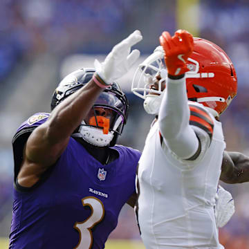 Sep 14, 2025; Baltimore, Maryland, USA; Baltimore Ravens cornerback Chidobe Awuzie (3) breaks up a pass intended for Cleveland Browns wide receiver Jerry Jeudy (3) during the second half at M&T Bank Stadium. Mandatory Credit: Peter Casey-Imagn Images