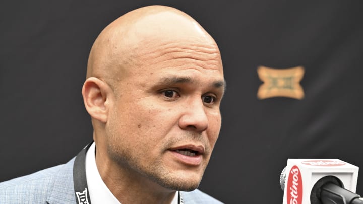 Jul 10, 2024; Las Vegas, NV, USA; Baylor Bears head coach Dave Aranda speaks to the media during the Big 12 Media Days at Allegiant Stadium.