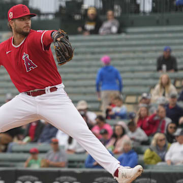 Mar 21, 2023; Tempe, Arizona, USA; Los Angeles Angels pitcher Victor Mederos (86) throws against the Oakland Athletics in the first inning at Tempe Diablo Stadium. 