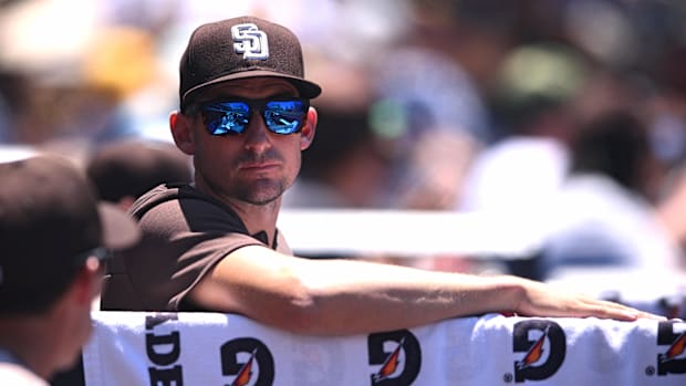 Ryan Flaherty of San Diego Padres in dugout Ryan Flaherty of San Diego Padres in dugout
