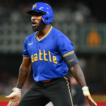 Seattle Mariners outfielder Randy Arozarena celebrates after hitting a walk-off single during a game against the Texas Rangers on Saturday at T-Mobile Park