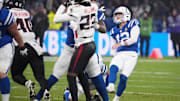 Nov 9, 2025; Berlin, Germany; Indianapolis Colts place kicker Michael Badgley (12) attempts a field goal against the Atlanta Falcons during the NFL Berlin Game at Olympic Stadium. Mandatory Credit: Kirby Lee-Imagn Images