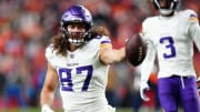 Nov 19, 2023; Denver, Colorado, USA; Minnesota Vikings tight end T.J. Hockenson (87) reacts after making a catch against the Denver Broncos in the first half at Empower Field at Mile High. Mandatory Credit: Ron Chenoy-USA TODAY Sports