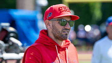 Jul 23, 2025; Rochester, NY, USA; Buffalo Bills defensive coordinator Bobby Babich on the field during training camp at St. John Fisher University. Mandatory Credit: Mark Konezny-Imagn Images