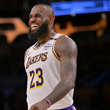 Apr 19, 2025; Los Angeles, California, USA; Los Angeles Lakers forward LeBron James (23) on the court during the game against the Minnesota Timberwolves at Crypto.com Arena. Mandatory Credit: Jayne Kamin-Oncea-Imagn Images
