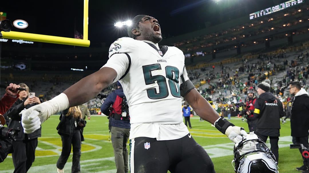 Nov 10, 2025; Green Bay, Wisconsin, USA; Philadelphia Eagles linebacker Jalyx Hunt (58) leaves the field following a game against the Green Bay Packers at Lambeau Field. Mandatory Credit: Jeff Hanisch-Imagn Images Nov 10, 2025; Green Bay, Wisconsin, USA; Philadelphia Eagles linebacker Jalyx Hunt (58) leaves the field following a game against the Green Bay Packers at Lambeau Field. Mandatory Credit: Jeff Hanisch-Imagn Images