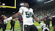 Nov 10, 2025; Green Bay, Wisconsin, USA; Philadelphia Eagles linebacker Jalyx Hunt (58)  leaves the field following a game against the Green Bay Packers at Lambeau Field. Mandatory Credit: Jeff Hanisch-Imagn Images