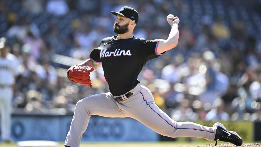 May 29, 2024; San Diego, California, USA; Miami Marlins pitcher Tanner Scott (66) pitches during the ninth inning against the San Diego Padres at Petco Park.
