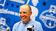 Jun 8, 2025; Chapel Hill, NC, USA;  North Carolina head coach Scott Forbes during an interview with the media after a Super Regionals game against North Carolina in Chapel Hill, North Carolina. Scott Forbes also celebrates his 200th win. Mandatory Credit: Jaylynn Nash-Imagn Images