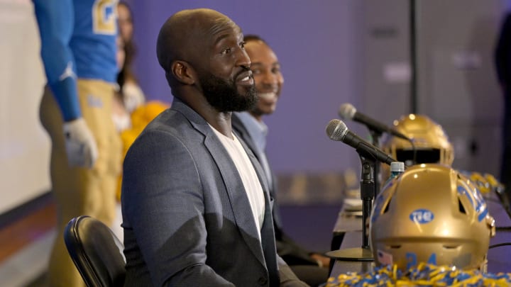 Feb 13, 2024; Los Angeles, CA, USA;  DeShaun Foster answers questions from media after he was introduced as the UCLA Bruins head football coach during a press conference at Pauley Pavilion.  Mandatory Credit: Jayne Kamin-Oncea-USA TODAY Sports