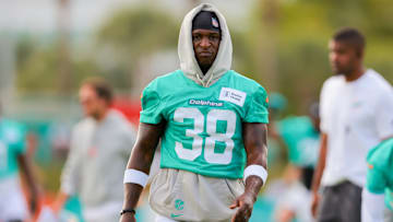 Miami Dolphins cornerback Mike Hilton (38) looks on from the field during training camp at Baptist Health Training Complex. 