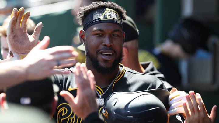 May 31, 2026; Pittsburgh, Pennsylvania, USA;  Pittsburgh Pirates center fielder Oneil Cruz (15) celebrates in the dugout after scoring a run against the Minnesota Twins during the fifth inning at PNC Park. Mandatory Credit: Charles LeClaire-Imagn Images
