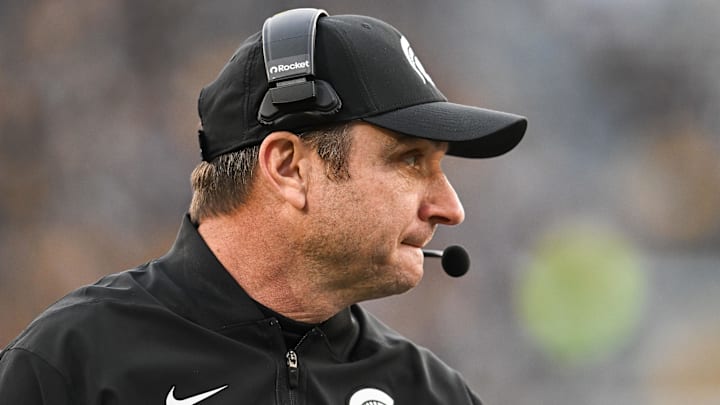 Nov 22, 2025; Iowa City, Iowa, USA; Michigan State Spartans head coach Jonathan Smith looks on during the second quarter against the Iowa Hawkeyes at Kinnick Stadium. Mandatory Credit: Jeffrey Becker-Imagn Images