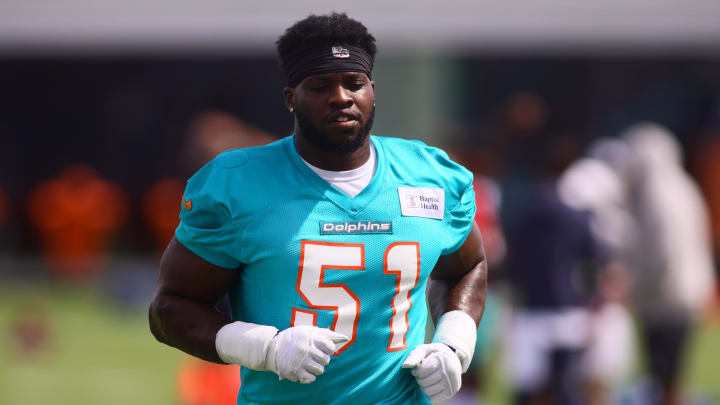 Miami Dolphins linebacker Emmanuel Ogbah (51) works out during training camp at Baptist Health Training Complex.