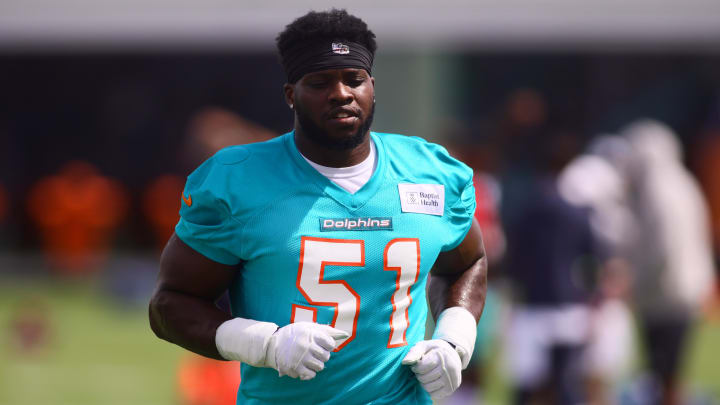 Miami Dolphins linebacker Emmanuel Ogbah works out during training camp at Baptist Health Training Complex.