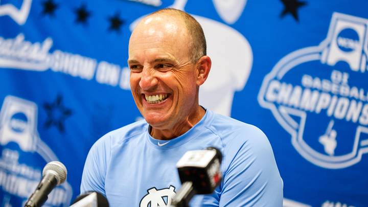 Jun 8, 2025; Chapel Hill, NC, USA;  North Carolina head coach Scott Forbes during an interview with the media after a Super Regionals game against North Carolina in Chapel Hill, North Carolina. Scott Forbes also celebrates his 200th win. Mandatory Credit: Jaylynn Nash-Imagn Images