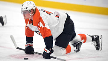 Mar 25, 2025; Toronto, Ontario, CAN;  Philadelphia Flyers forward Owen Tippett (74) warms up before playing the Toronto Maple Leafs at Scotiabank Arena. 