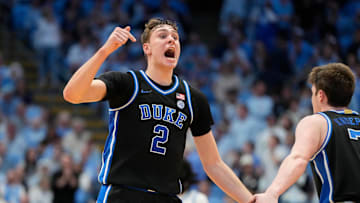 Mar 8, 2025; Chapel Hill, North Carolina, USA; Duke basketball forward Cooper Flagg (2) reacts in the second half at Dean E. Smith Center.