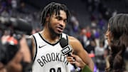Nov 24, 2024; Sacramento, California, USA; Brooklyn Nets guard Cam Thomas (24) is interviewed after defeating the Sacramento Kings at Golden 1 Center. Mandatory Credit: Darren Yamashita-Imagn Images