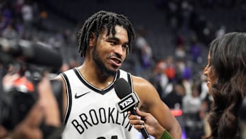 Nov 24, 2024; Sacramento, California, USA; Brooklyn Nets guard Cam Thomas (24) is interviewed after defeating the Sacramento Kings at Golden 1 Center. Mandatory Credit: Darren Yamashita-Imagn Images