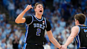 Mar 8, 2025; Chapel Hill, North Carolina, USA; Duke Blue Devils forward Cooper Flagg (2) reacts in the second half at Dean E. Smith Center. Mandatory Credit: Bob Donnan-Imagn Images