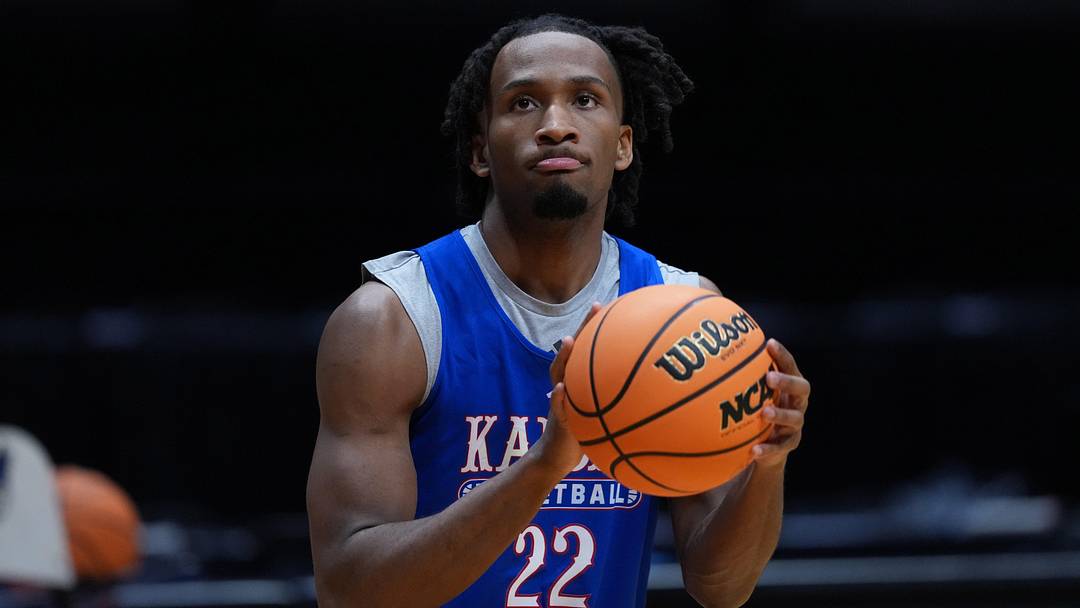 Mar 19, 2026; San Diego, CA, USA; Kansas Jayhawks guard Darryn Peterson (22) during a practice session ahead of the first round of the men's 2026 NCAA Tournament at Viejas Arena. Mandatory Credit: Kirby Lee-Imagn Images