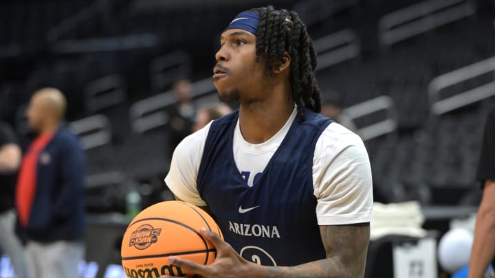 Mar 27, 2024; Los Angeles, CA, USA;   Arizona Wildcats guard Caleb Love (2) shoots during practice for their Sweet Sixteen college basketball game in the NCAA tournament at Crypto.com Arena. Clemson and Arizona play on Thursday