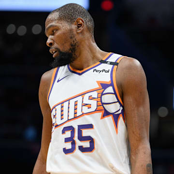 Jan 16, 2025; Washington, District of Columbia, USA; Phoenix Suns forward Kevin Durant (35) looks on during the second quarter against the Washington Wizards at Capital One Arena. Mandatory Credit: Reggie Hildred-Imagn Images