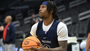 Mar 27, 2024; Los Angeles, CA, USA;   Arizona Wildcats guard Caleb Love (2) shoots during practice for their Sweet Sixteen college basketball game in the NCAA tournament at Crypto.com Arena. Clemson and Arizona play on Thursday.