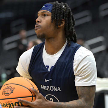 Mar 27, 2024; Los Angeles, CA, USA;   Arizona Wildcats guard Caleb Love (2) shoots during practice for their Sweet Sixteen college basketball game in the NCAA tournament at Crypto.com Arena. Clemson and Arizona play on Thursday.