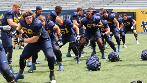 West Virginia University offensive line during fall camp. 