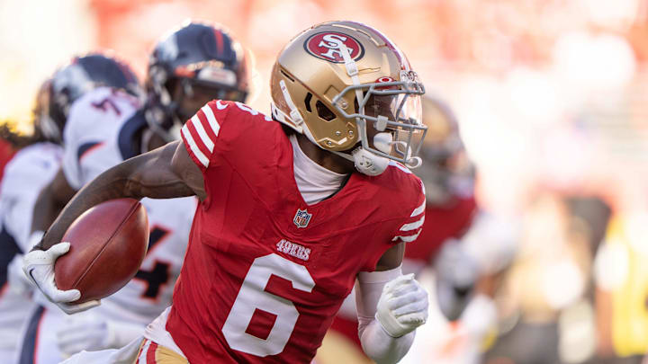 Aug 19, 2023; Santa Clara, California, USA;  San Francisco 49ers wide receiver Danny Gray (6) runs with the football during the first quarter against the Denver Broncos at Levi's Stadium. Mandatory Credit: Stan Szeto-Imagn Images