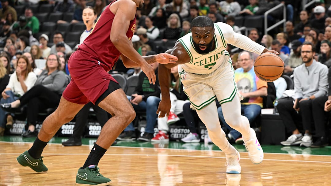 Oct 12, 2025; Boston, Massachusetts, USA; Boston Celtics guard/forward Jaylen Brown (7) drives to the basket against Cleveland Cavaliers guard/forward Jaylon Tyson (20) during the first half at TD Garden. Mandatory Credit: Brian Fluharty-Imagn Images Oct 12, 2025; Boston, Massachusetts, USA; Boston Celtics guard/forward Jaylen Brown (7) drives to the basket against Cleveland Cavaliers guard/forward Jaylon Tyson (20) during the first half at TD Garden. Mandatory Credit: Brian Fluharty-Imagn Images